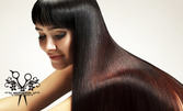 Луксозна ламинираща и възстановяваща терапия за коса с кератин, колаген и инфраред преса, плюс подстригване и оформяне на прическа