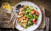 Гръцка салата и пиле "Фантазия" с картофи соте или шопска салата и свински карета с гъбен сос, плюс палачинка по избор