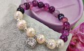 Гривна от лилав ахат и естествени перли с красиви метални орнаменти и изящна висулка с цирконий - в кръгла подаръчна кутия
