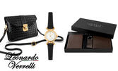 Елегантни подаръци! Мъжки комплект от естествена кожа Leonardo Verrelli - портфейл, калъф за карти и ключодържател, плюс комплект дамска чанта и часовник "Temptation"