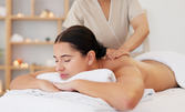 Лечебен билков масаж и термотерапия на гръб, раменен пояс, масажна яка, шиен дял горни крайници, плюс антистрес масаж на глава
