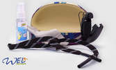 Комплект кутия за очила по избор, плюс микрофибърна кърпа, спрей за почистване, връзка и щипка