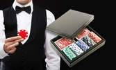 Покер комплект със 100 чипа, 2 тестета карти и луксозна кожена кутия