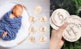 Комплект от 6 броя дървени табелки за месечинките на бебе и 1 табелка с надпис "Здравей свят"