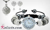 Сребърен комплект часовник, колие и обеци с кристали, в цвят по избор