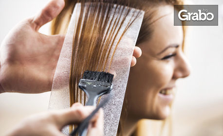 Измиване на коса с нанасяне на биотин или кератин, боядисване или кичури, плюс изправяне със сешоар