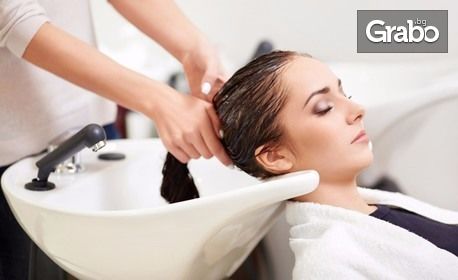 Измиване на коса с продукти на L'Oréal, плюс нанасяне на ампула и оформяне на прическа със сешоар