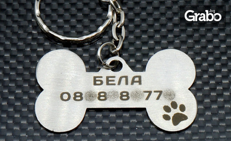 Медальон за куче с формата на сърце или кокал, с изписано име и телефон на собственика