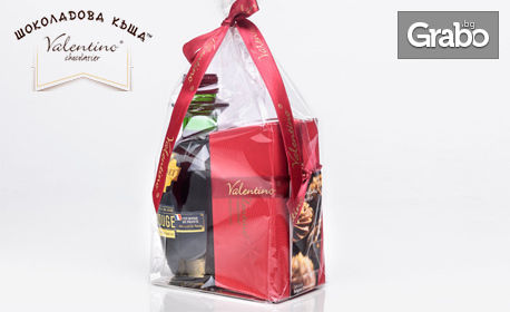 Кутия с шоколадови бонбони асорти, плюс бутилка вино или бира