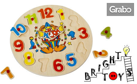 Детски дървен образователен пъзел с дръжки "Часовник с клоун"
